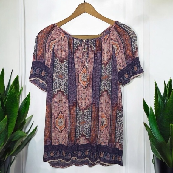 LUCKY BRAND Paisley Print Boho Rayon Short Sleeve Blouse - Picture 1 of 7